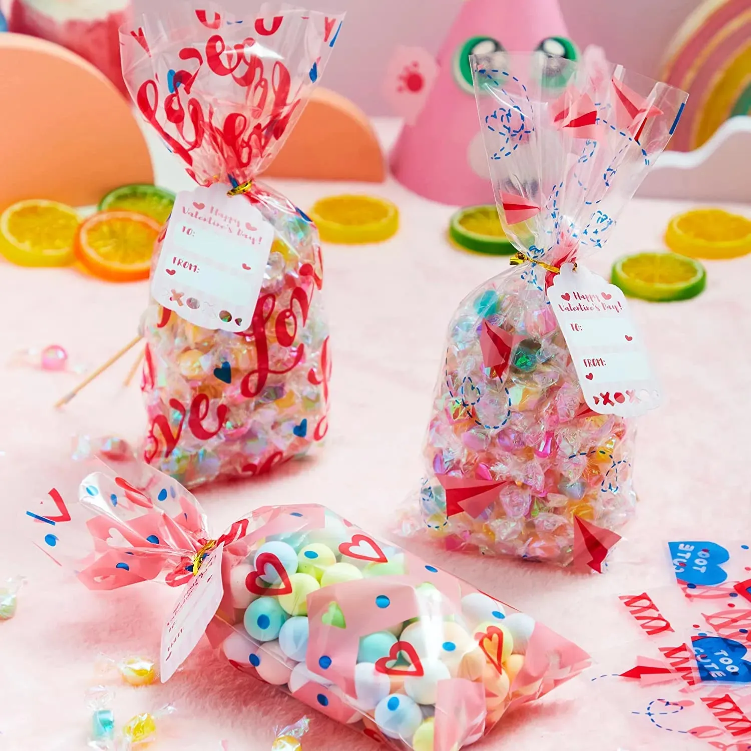 150Pcs Valentines Long Cellophane Bags with Little Gift Cards