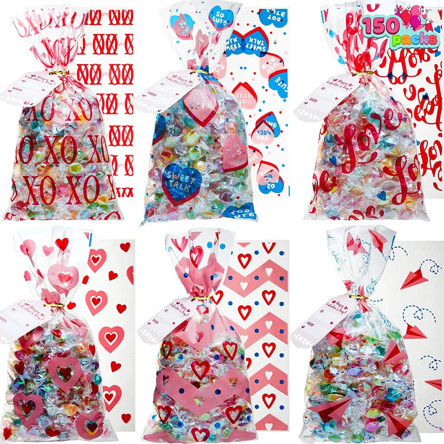 150Pcs Valentines Long Cellophane Bags with Little Gift Cards