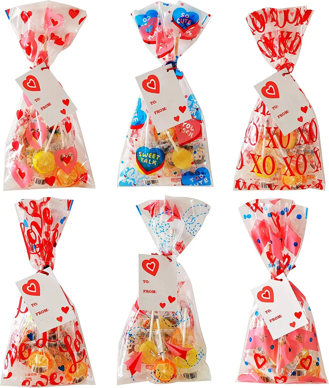 150Pcs Valentines Long Cellophane Bags with Little Gift Cards
