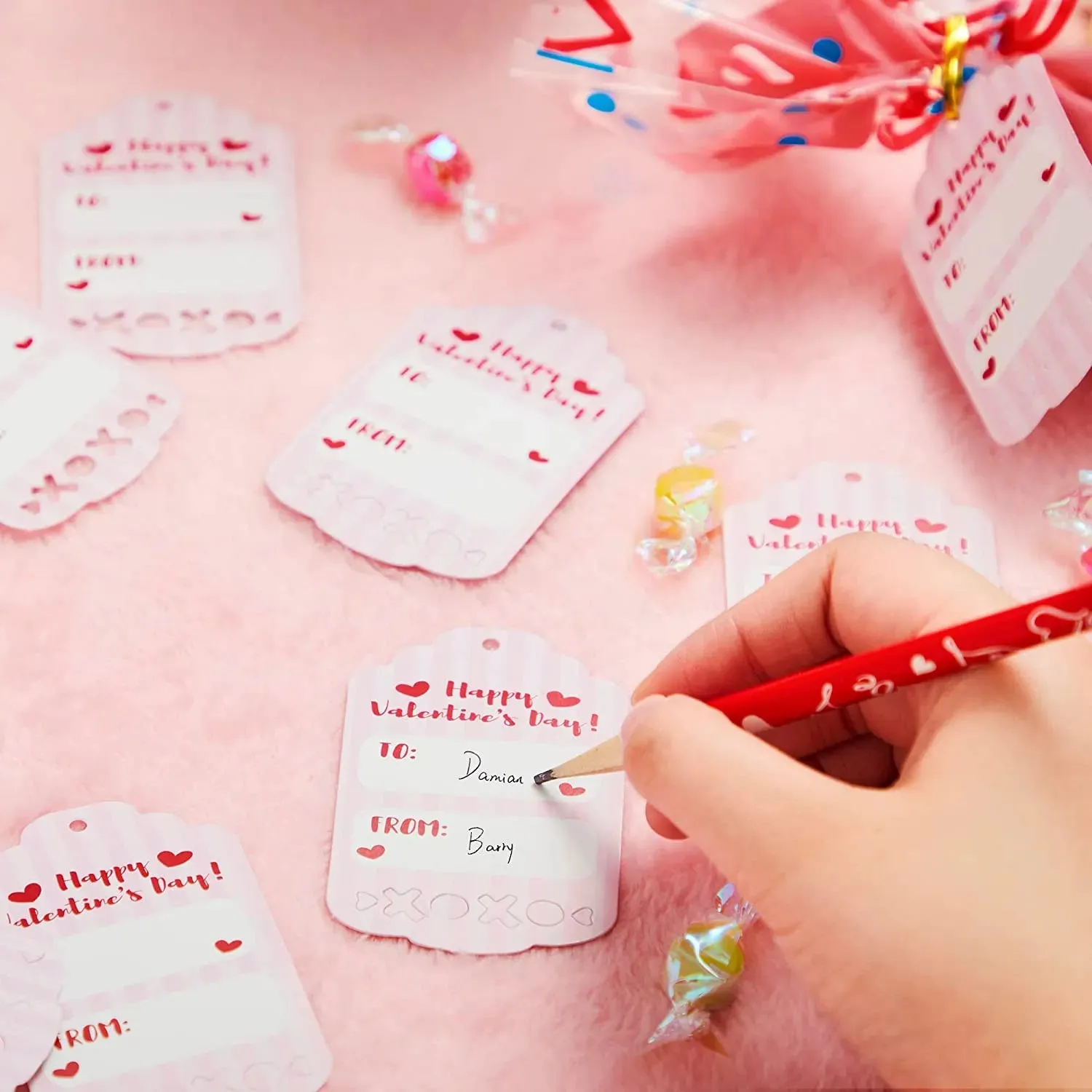150Pcs Valentines Long Cellophane Bags with Little Gift Cards