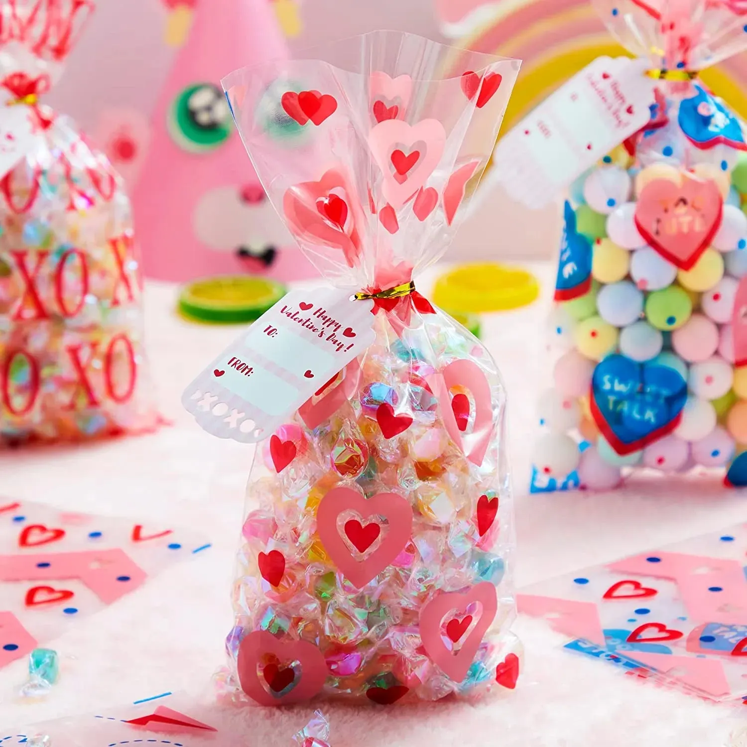 150Pcs Valentines Long Cellophane Bags with Little Gift Cards