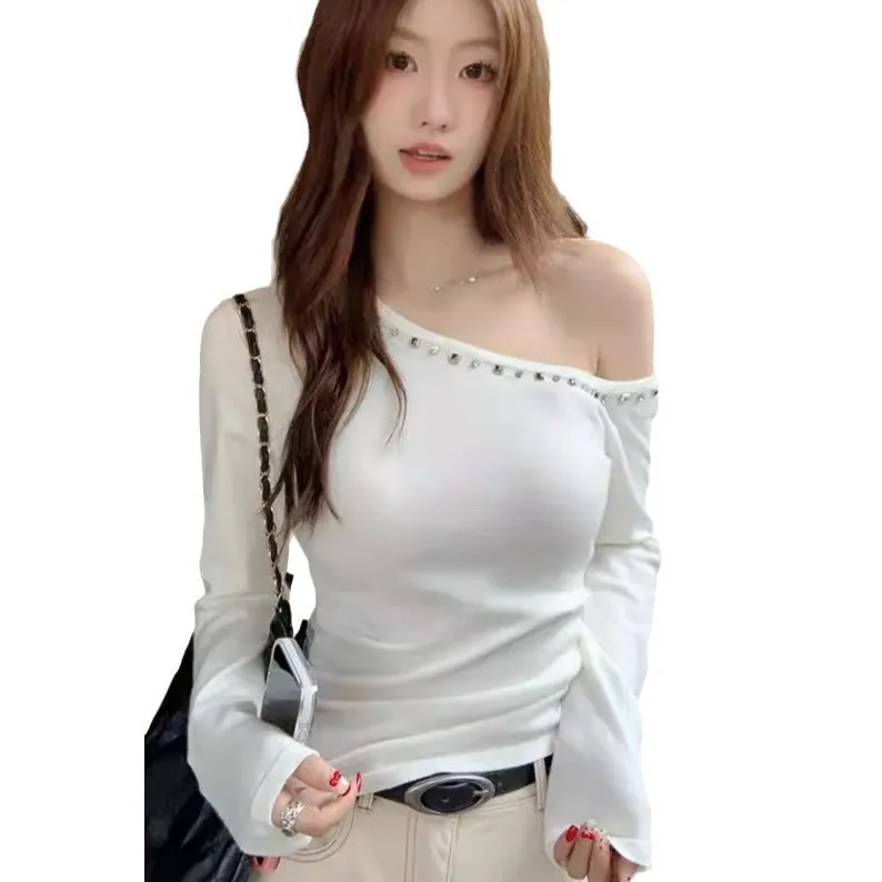 2025 Off-Shoulder Cropped Top | Chic & Trendy One-Shoulder Long Sleeve Blouse for Women