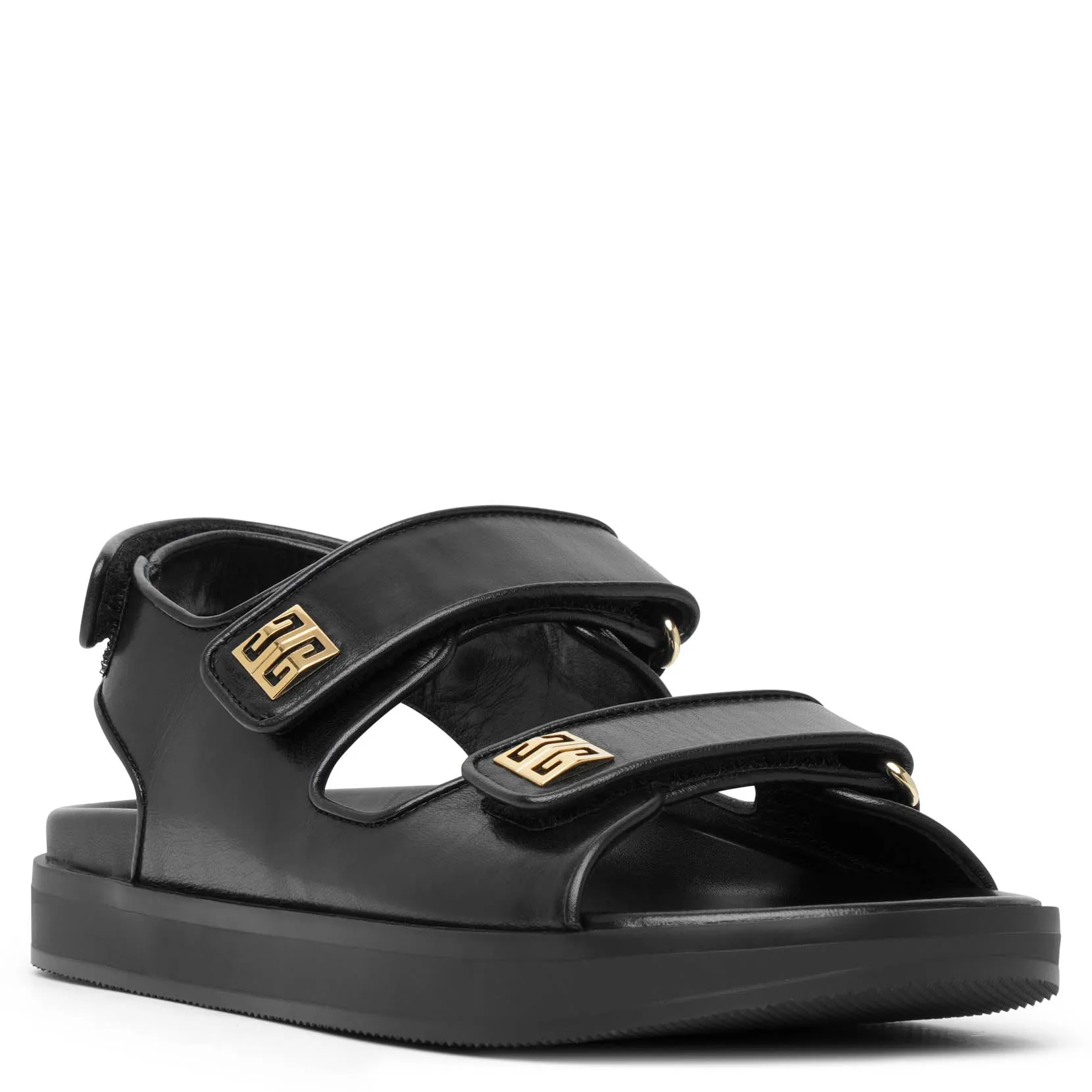 4G strap flat black leather sandals
