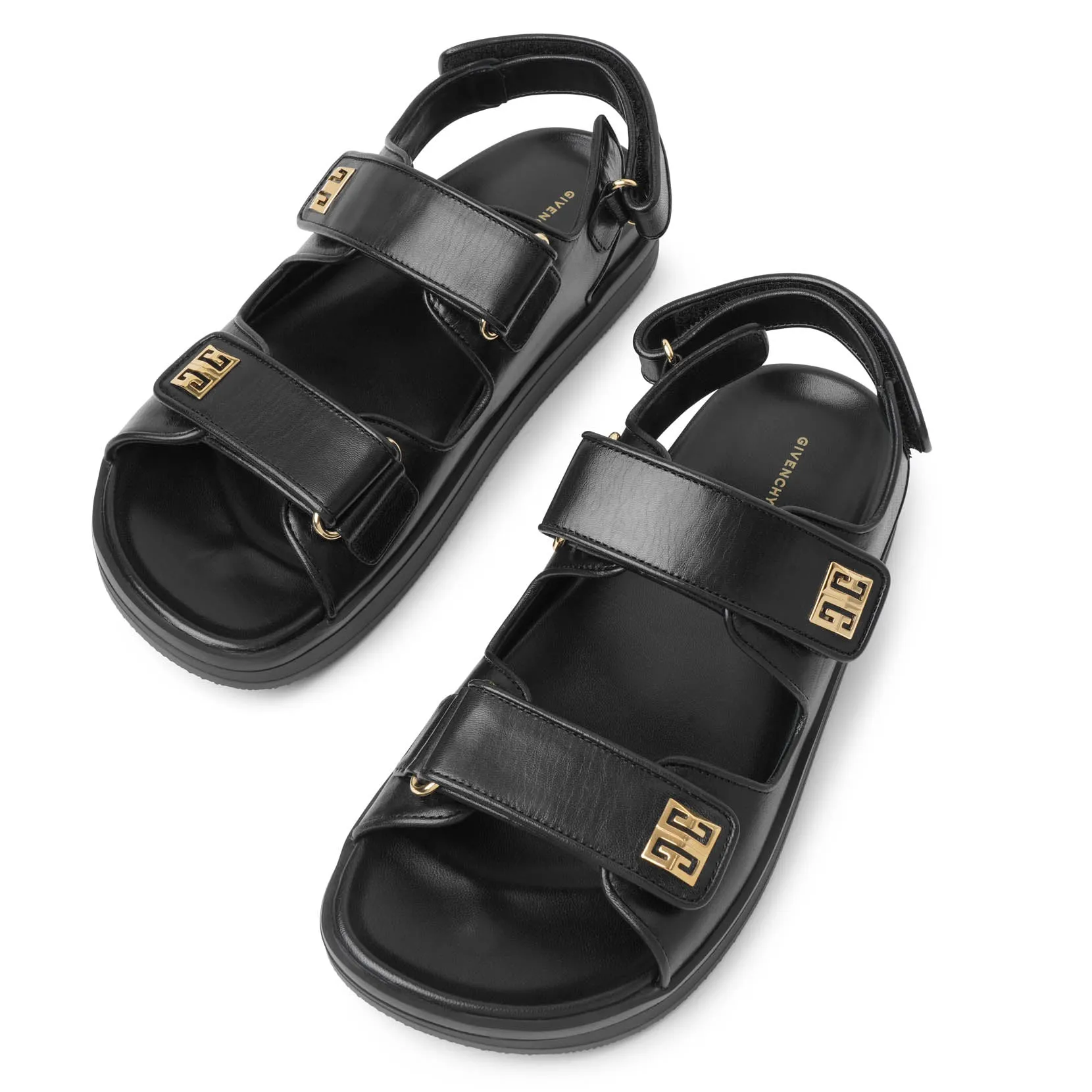 4G strap flat black leather sandals