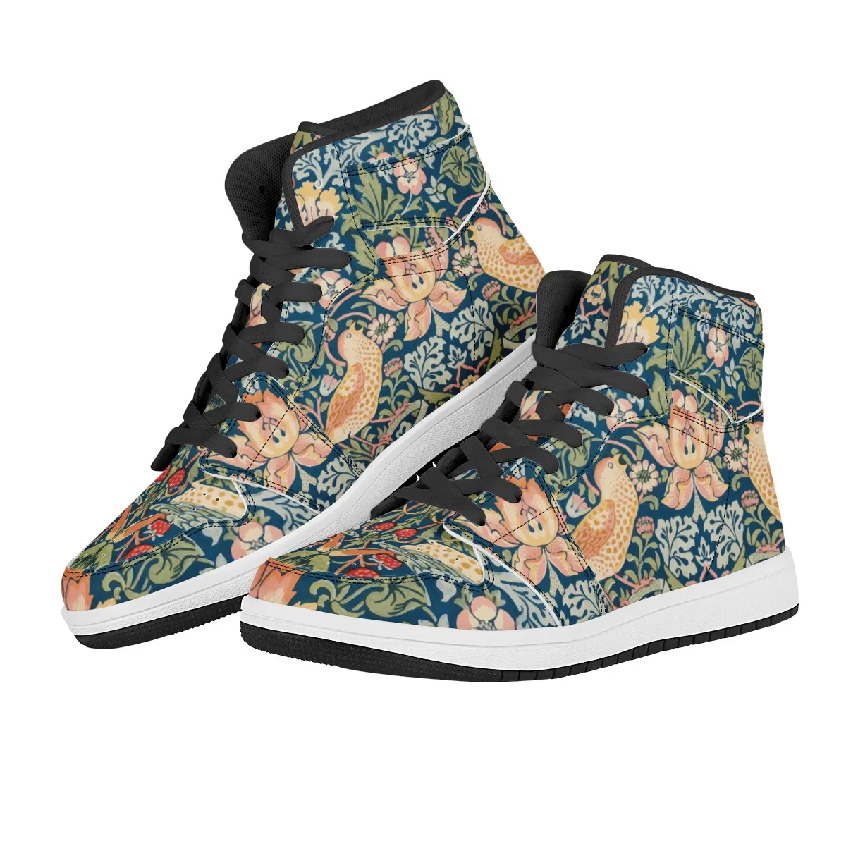 Art Nouveau William Morris "The Strawberry Thieves" Hi-Tops Black High Top Leather Sneakers