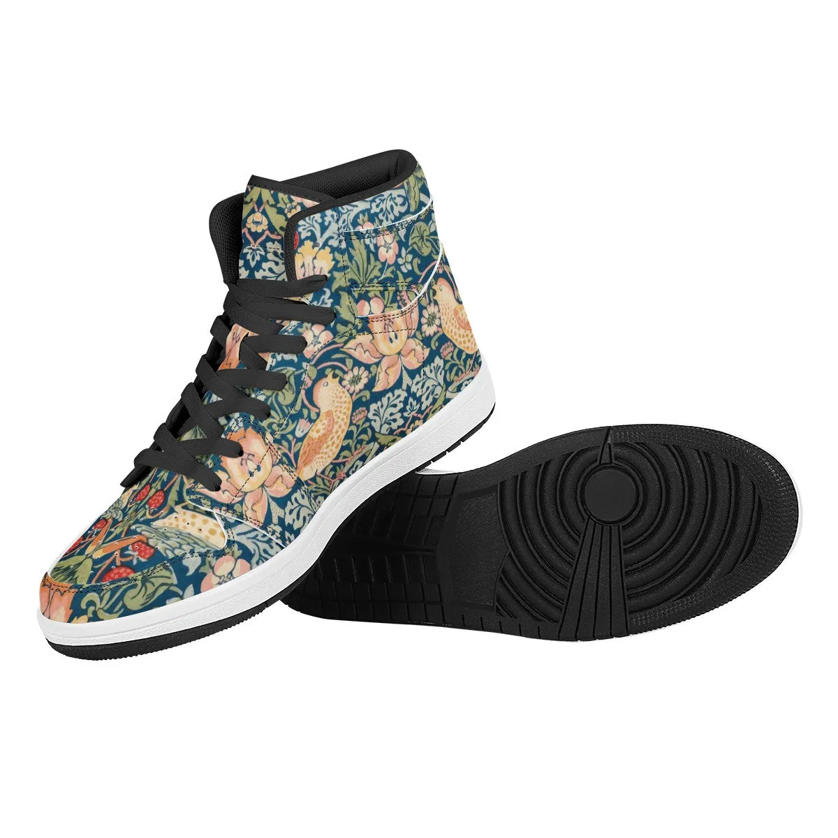 Art Nouveau William Morris "The Strawberry Thieves" Hi-Tops Black High Top Leather Sneakers