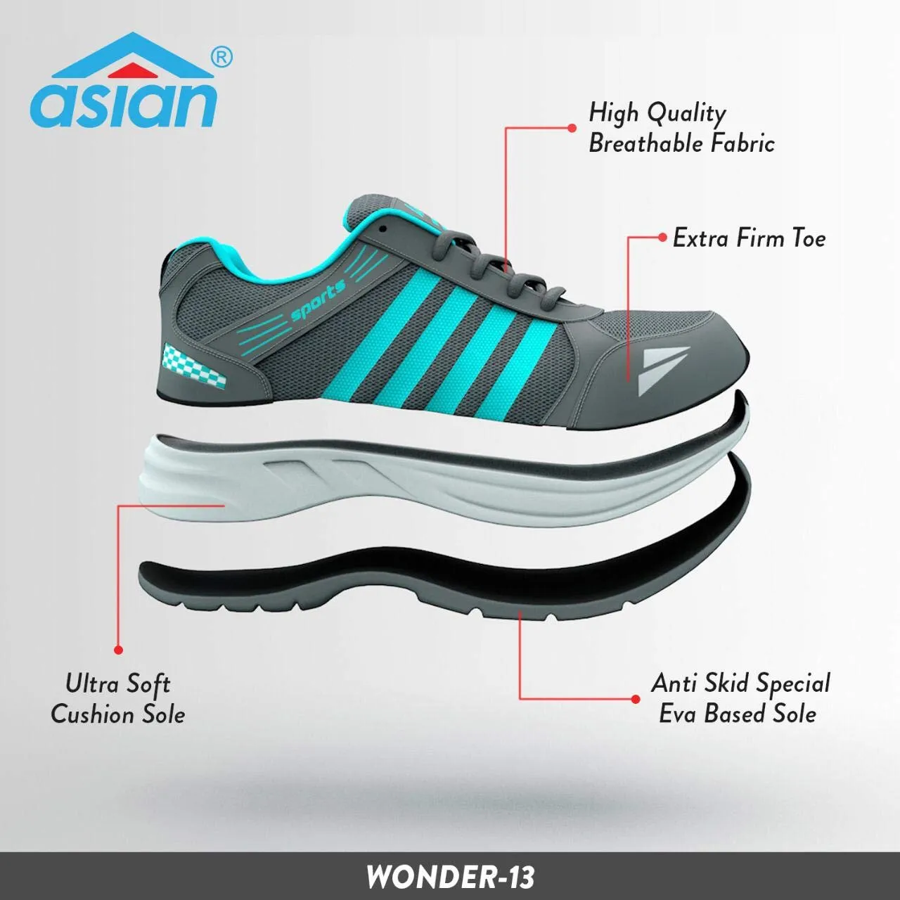 ASIAN Men's Wonder-13 Firozi Mesh Sports Running Shoes (Green) 7 UK