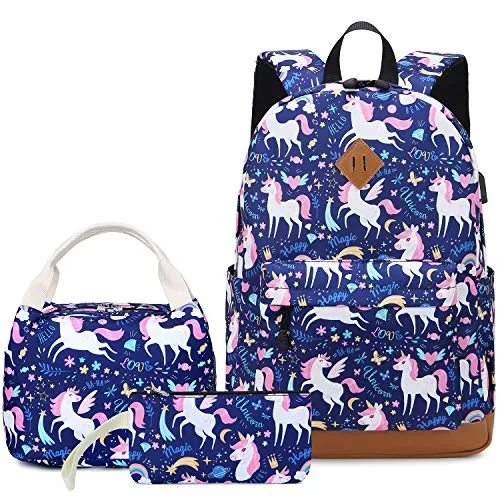 Backpacks for Girls Cute Unicorn School Bags Lightweight for 7  years old Kids School Bags Backpack with Lunch Box and Pencil Case (Blue-Unicorn)