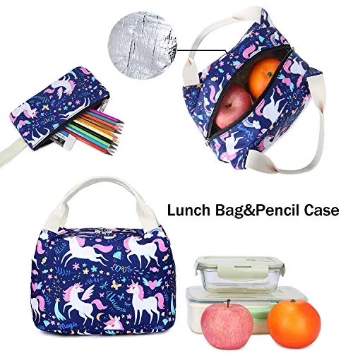 Backpacks for Girls Cute Unicorn School Bags Lightweight for 7  years old Kids School Bags Backpack with Lunch Box and Pencil Case (Blue-Unicorn)