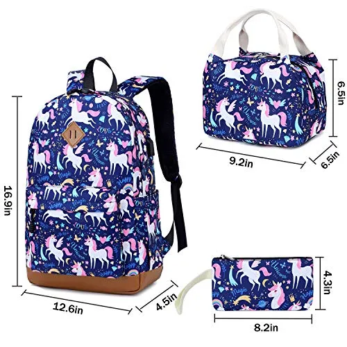 Backpacks for Girls Cute Unicorn School Bags Lightweight for 7  years old Kids School Bags Backpack with Lunch Box and Pencil Case (Blue-Unicorn)