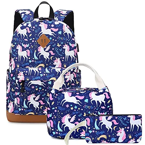 Backpacks for Girls Cute Unicorn School Bags Lightweight for 7  years old Kids School Bags Backpack with Lunch Box and Pencil Case (Blue-Unicorn)