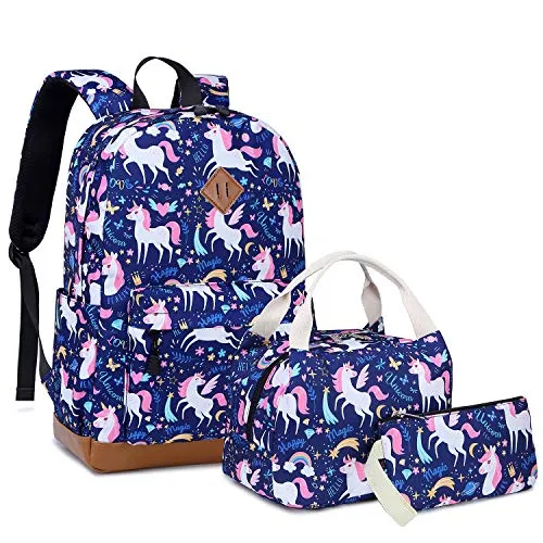 Backpacks for Girls Cute Unicorn School Bags Lightweight for 7  years old Kids School Bags Backpack with Lunch Box and Pencil Case (Blue-Unicorn)