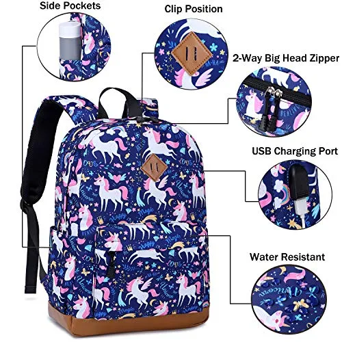 Backpacks for Girls Cute Unicorn School Bags Lightweight for 7  years old Kids School Bags Backpack with Lunch Box and Pencil Case (Blue-Unicorn)