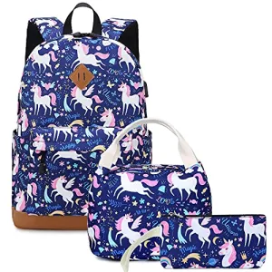 Backpacks for Girls Cute Unicorn School Bags Lightweight for 7  years old Kids School Bags Backpack with Lunch Box and Pencil Case (Blue-Unicorn)