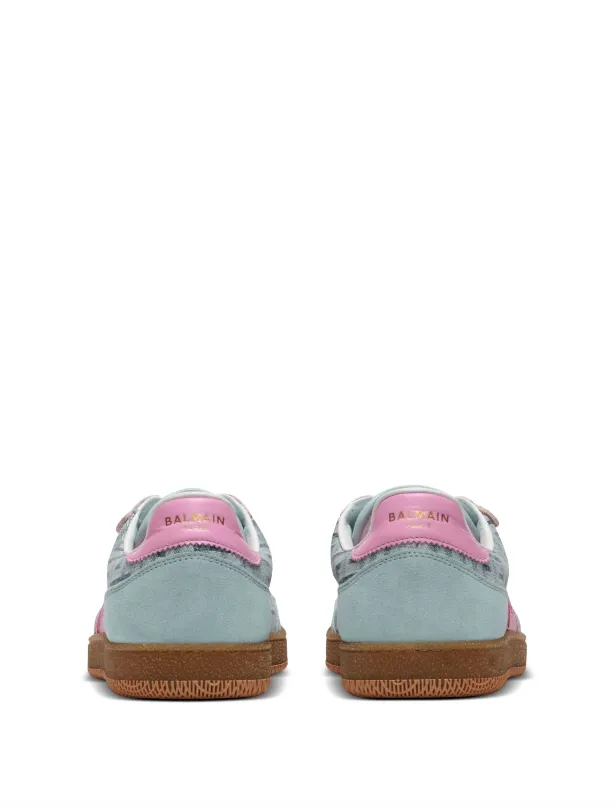 Balmain Swan calfskin and denim monogram sneakers