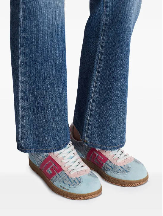 Balmain Swan calfskin and denim monogram sneakers