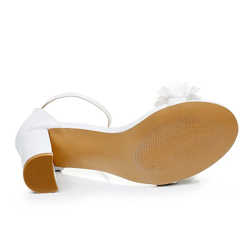 Beautiful white appliques chunky heels wedding sandals with ankle strap