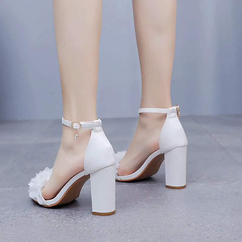 Beautiful white appliques chunky heels wedding sandals with ankle strap