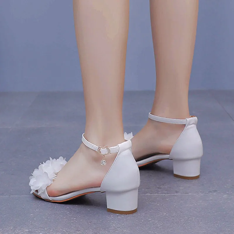 Beautiful white appliques chunky heels wedding sandals with ankle strap