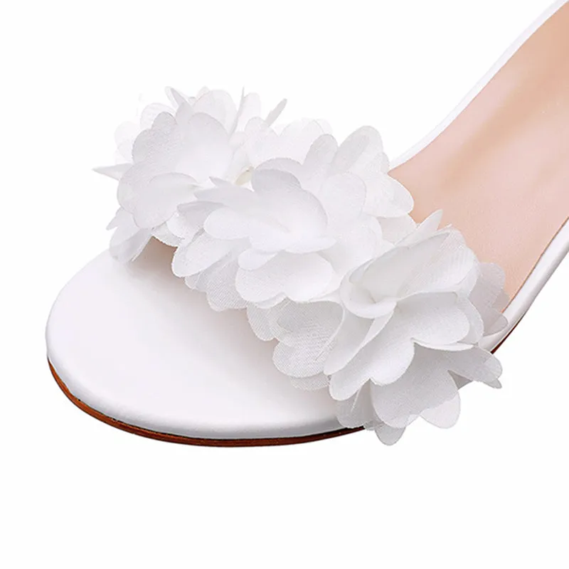 Beautiful white appliques chunky heels wedding sandals with ankle strap