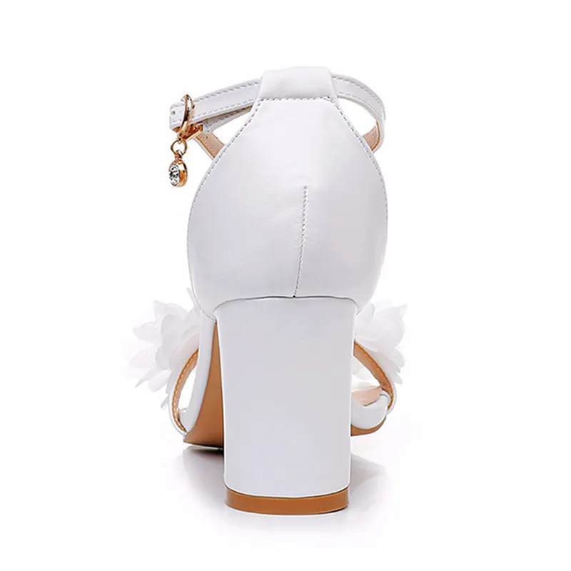 Beautiful white appliques chunky heels wedding sandals with ankle strap