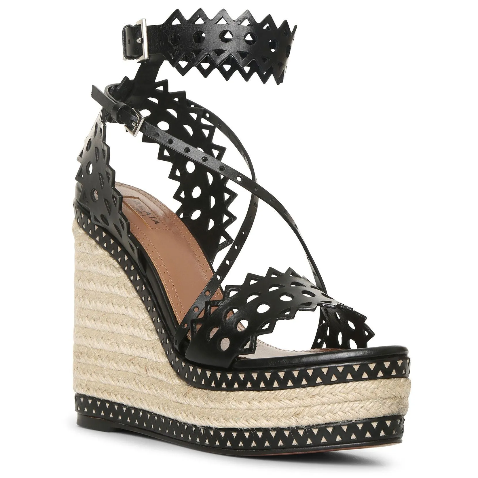 Black leather wedge espadrille sandals