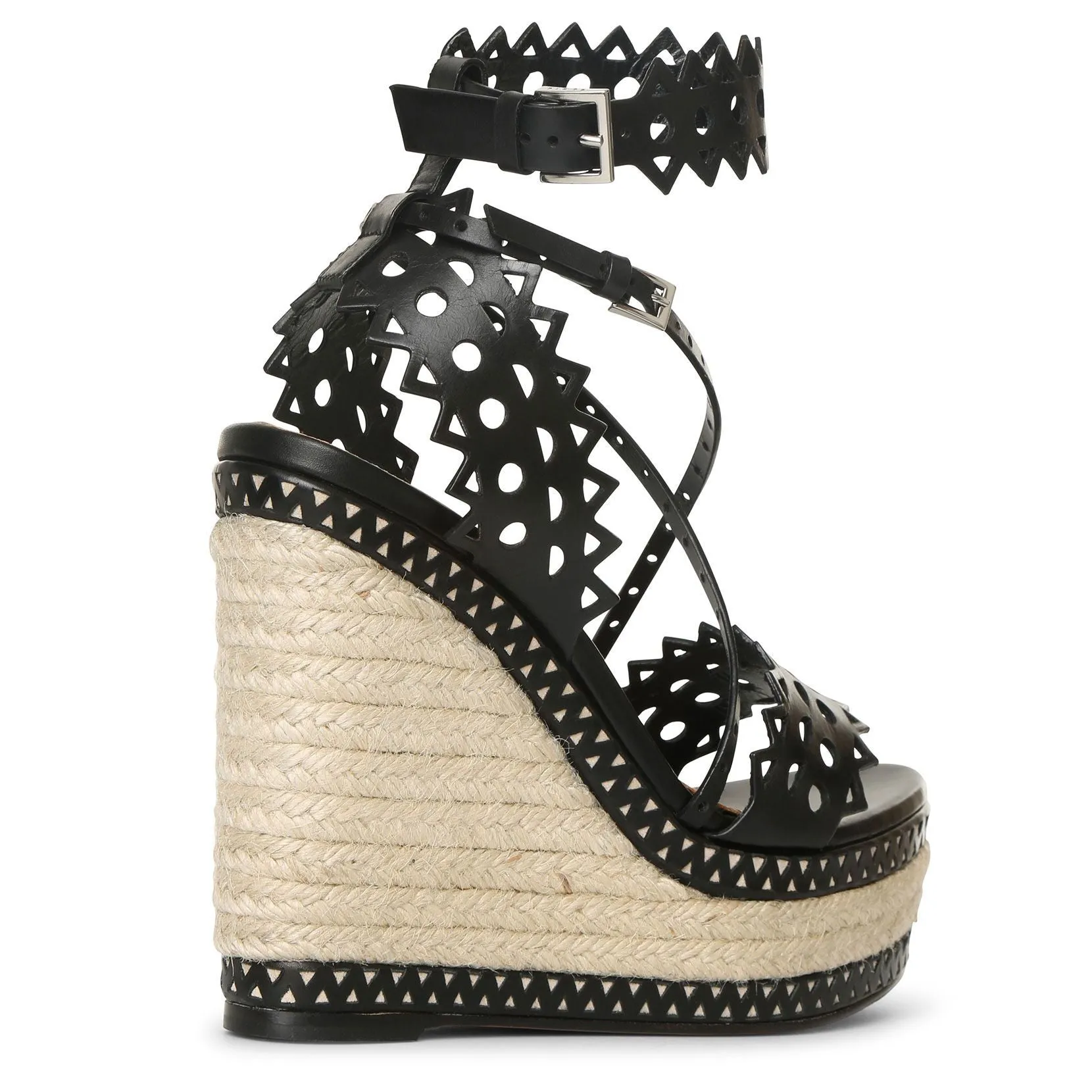 Black leather wedge espadrille sandals