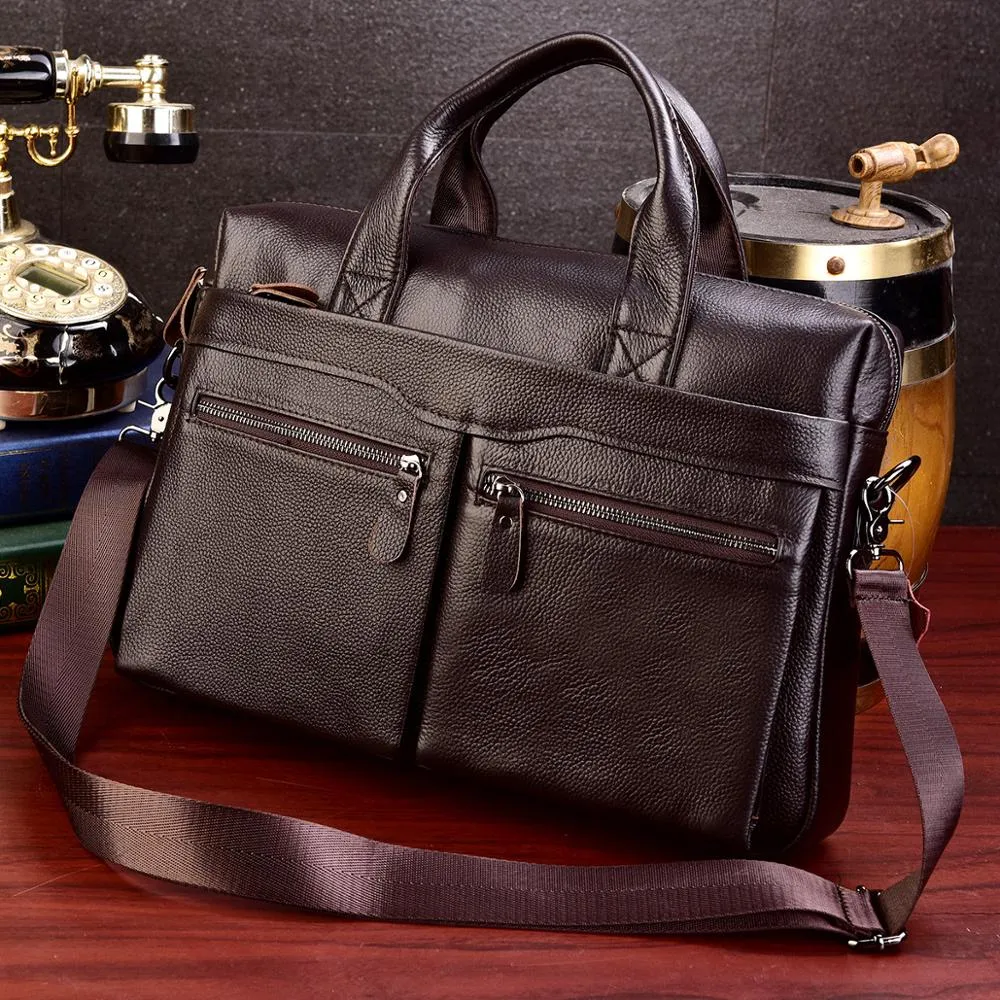 Black Men Genuine Leather Handbags Large Leather 14" Laptop Messenger Bags Business Men's Travel Bags Shoulder Bags Briefcase