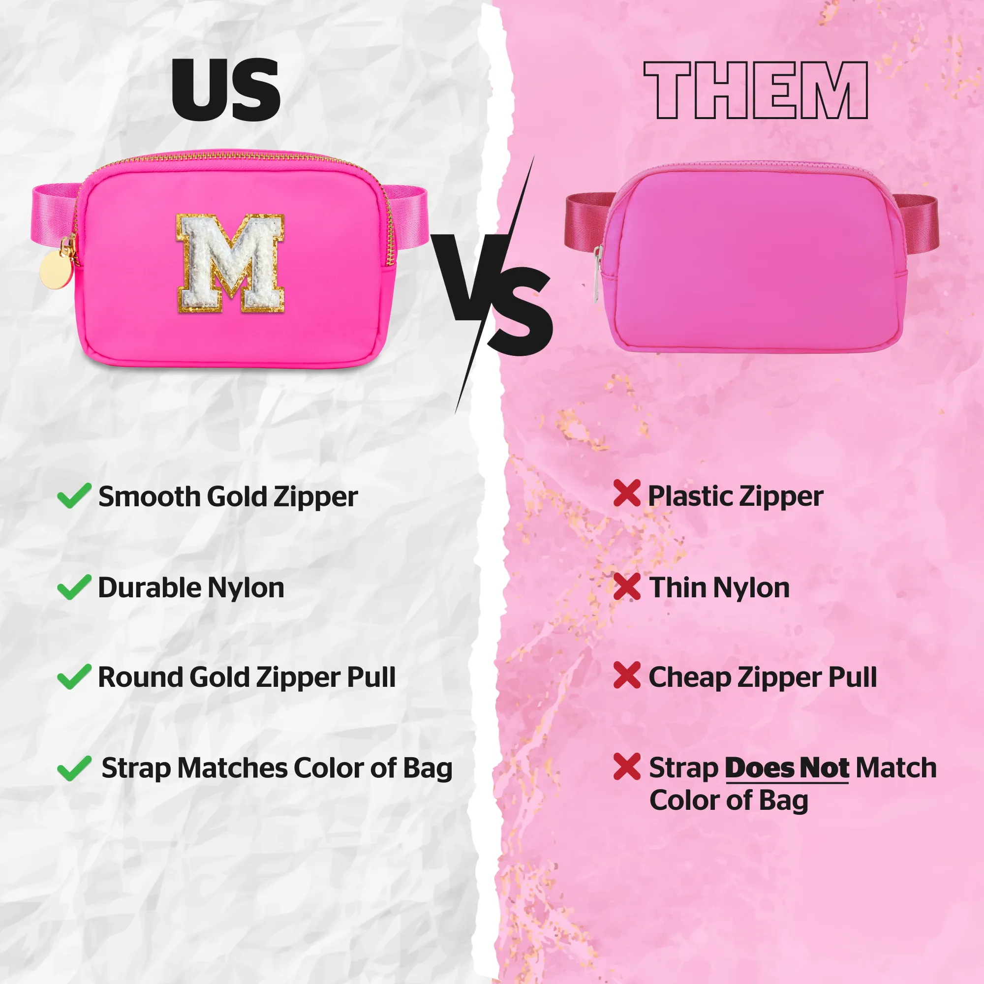 Chenille M Patch Nylon Belt Bag - Hot Pink Fanny Pack For Women - Crossbody Bag Waist Pack Bum Bag