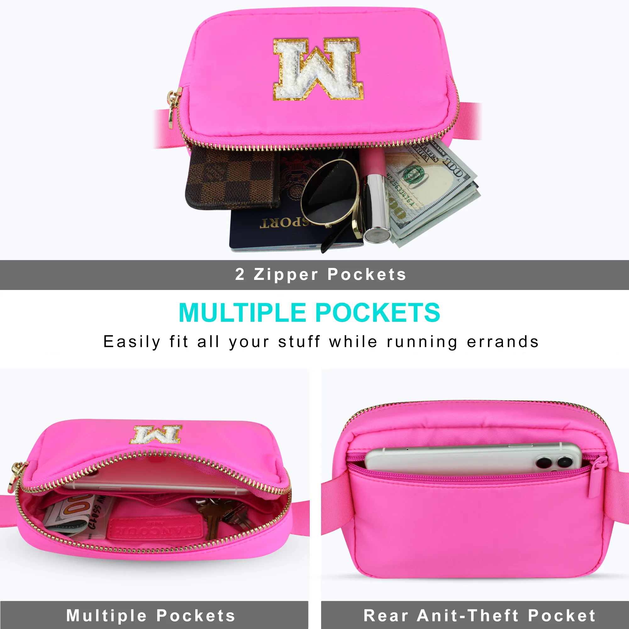 Chenille M Patch Nylon Belt Bag - Hot Pink Fanny Pack For Women - Crossbody Bag Waist Pack Bum Bag