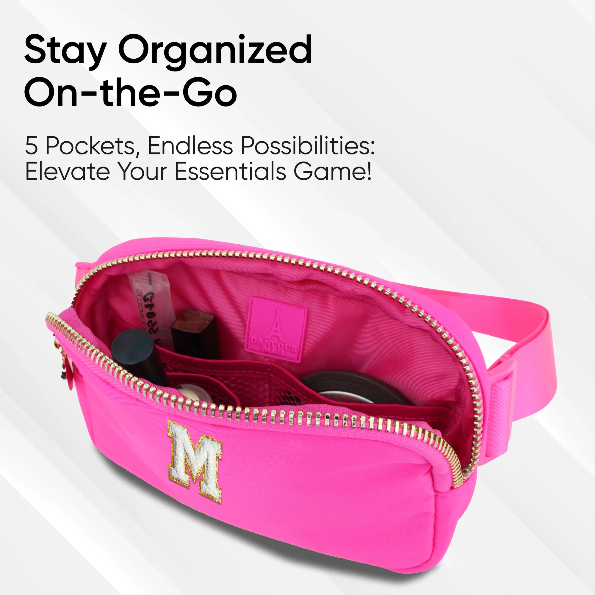 Chenille M Patch Nylon Belt Bag - Hot Pink Fanny Pack For Women - Crossbody Bag Waist Pack Bum Bag