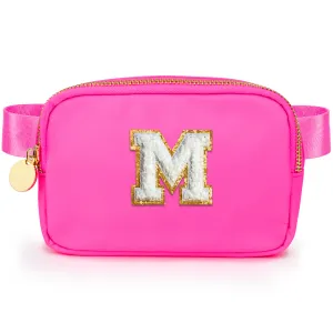 Chenille M Patch Nylon Belt Bag - Hot Pink Fanny Pack For Women - Crossbody Bag Waist Pack Bum Bag