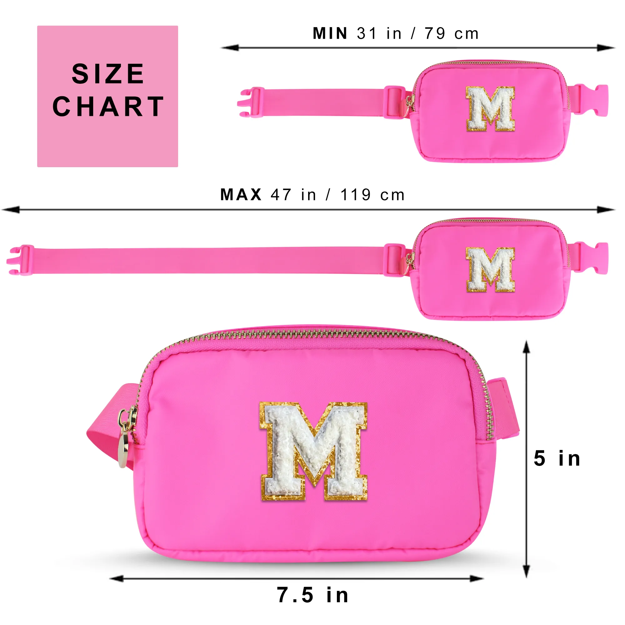 Chenille M Patch Nylon Belt Bag - Hot Pink Fanny Pack For Women - Crossbody Bag Waist Pack Bum Bag