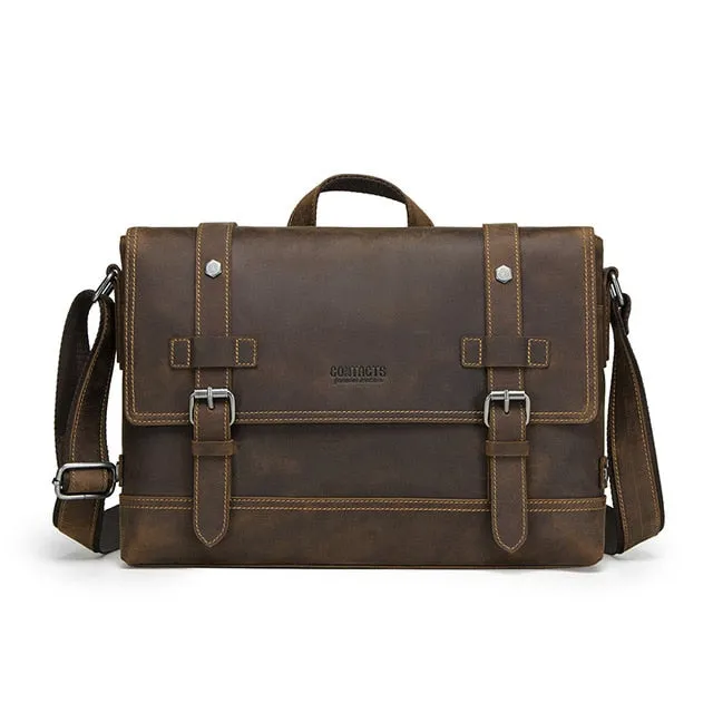 Contact'S Crazy Horse Genuine Leather Men'S Bag Vintage Man Shoulder Bags For Laptop Messenger Bags