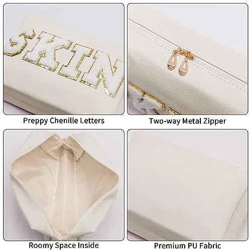 COSHAYSOO 2 Pcs Initial Makeup Bag Cosmetic Period Pouch Sanitary Napkin Storage Travel Essential Holder for Purse, Preppy Cute Chenille Letter Patch Personalized Gift for Teenager Girl Women Pink M