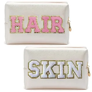 COSHAYSOO 2 Pcs Initial Makeup Bag Cosmetic Period Pouch Sanitary Napkin Storage Travel Essential Holder for Purse, Preppy Cute Chenille Letter Patch Personalized Gift for Teenager Girl Women Pink M