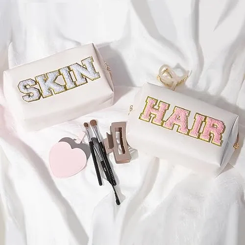 COSHAYSOO 2 Pcs Initial Makeup Bag Cosmetic Period Pouch Sanitary Napkin Storage Travel Essential Holder for Purse, Preppy Cute Chenille Letter Patch Personalized Gift for Teenager Girl Women Pink M