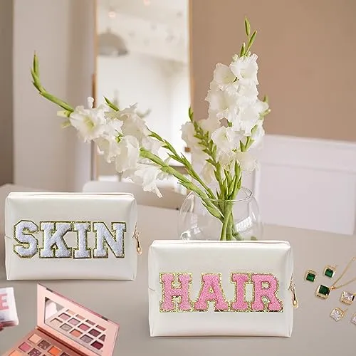 COSHAYSOO 2 Pcs Initial Makeup Bag Cosmetic Period Pouch Sanitary Napkin Storage Travel Essential Holder for Purse, Preppy Cute Chenille Letter Patch Personalized Gift for Teenager Girl Women Pink M