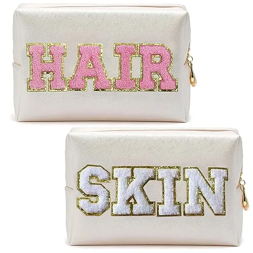 COSHAYSOO 2 Pcs Initial Makeup Bag Cosmetic Period Pouch Sanitary Napkin Storage Travel Essential Holder for Purse, Preppy Cute Chenille Letter Patch Personalized Gift for Teenager Girl Women Pink M