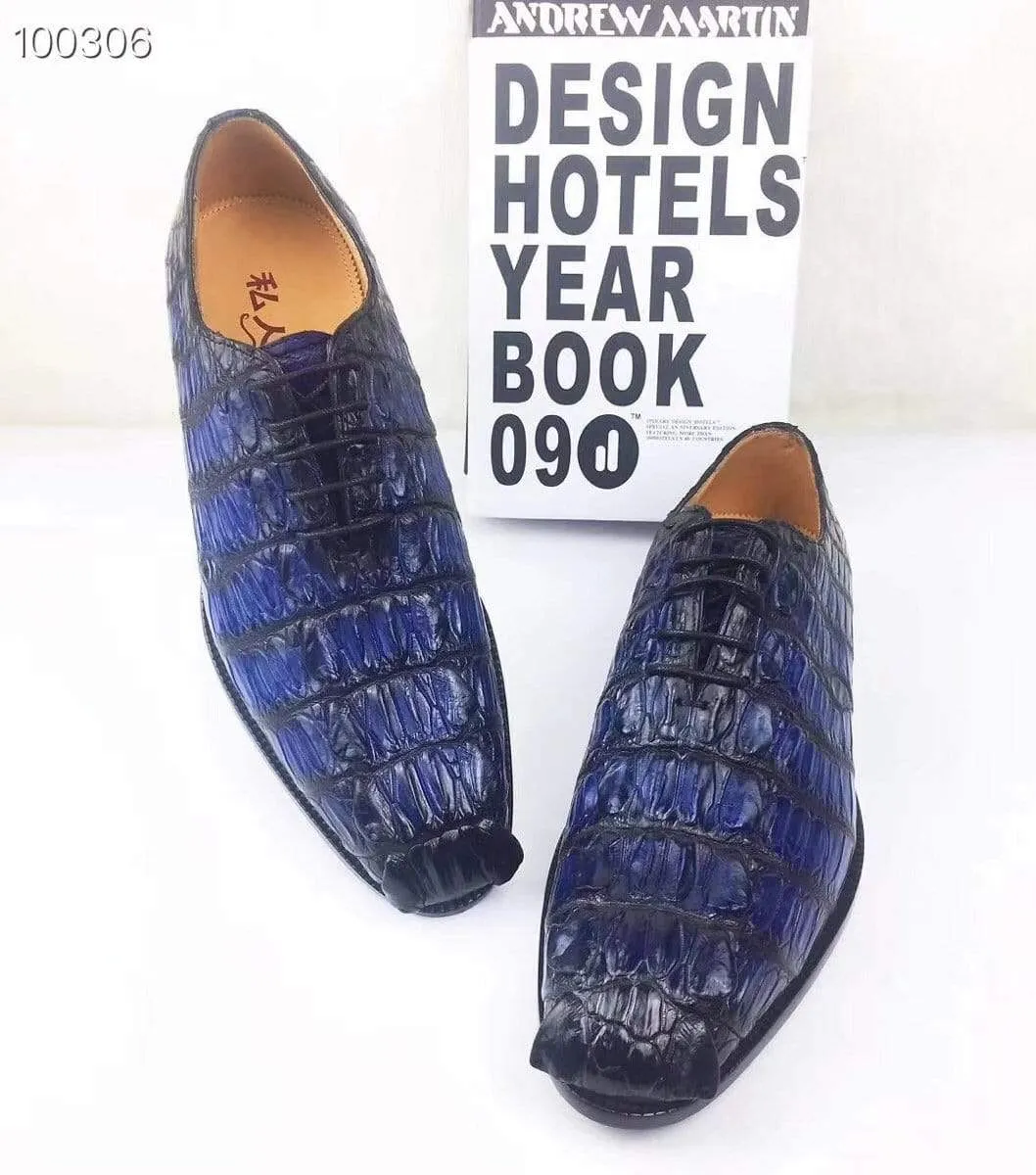 Crocodile Shoes Mens Dress Shoes, Modern Classic Round -Pointed toe crocodile bone leather Lace-up Casual Business Shoes