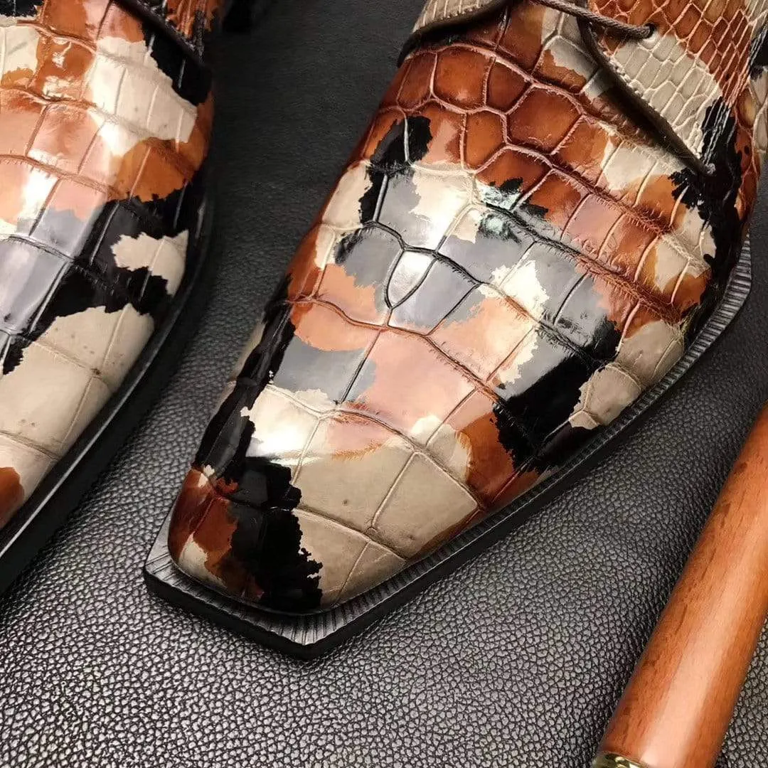 Crocodile Shoes Mens Multi Color Square Toe Lace Up Genuine Crocodile Leather Dress Shoe Brown