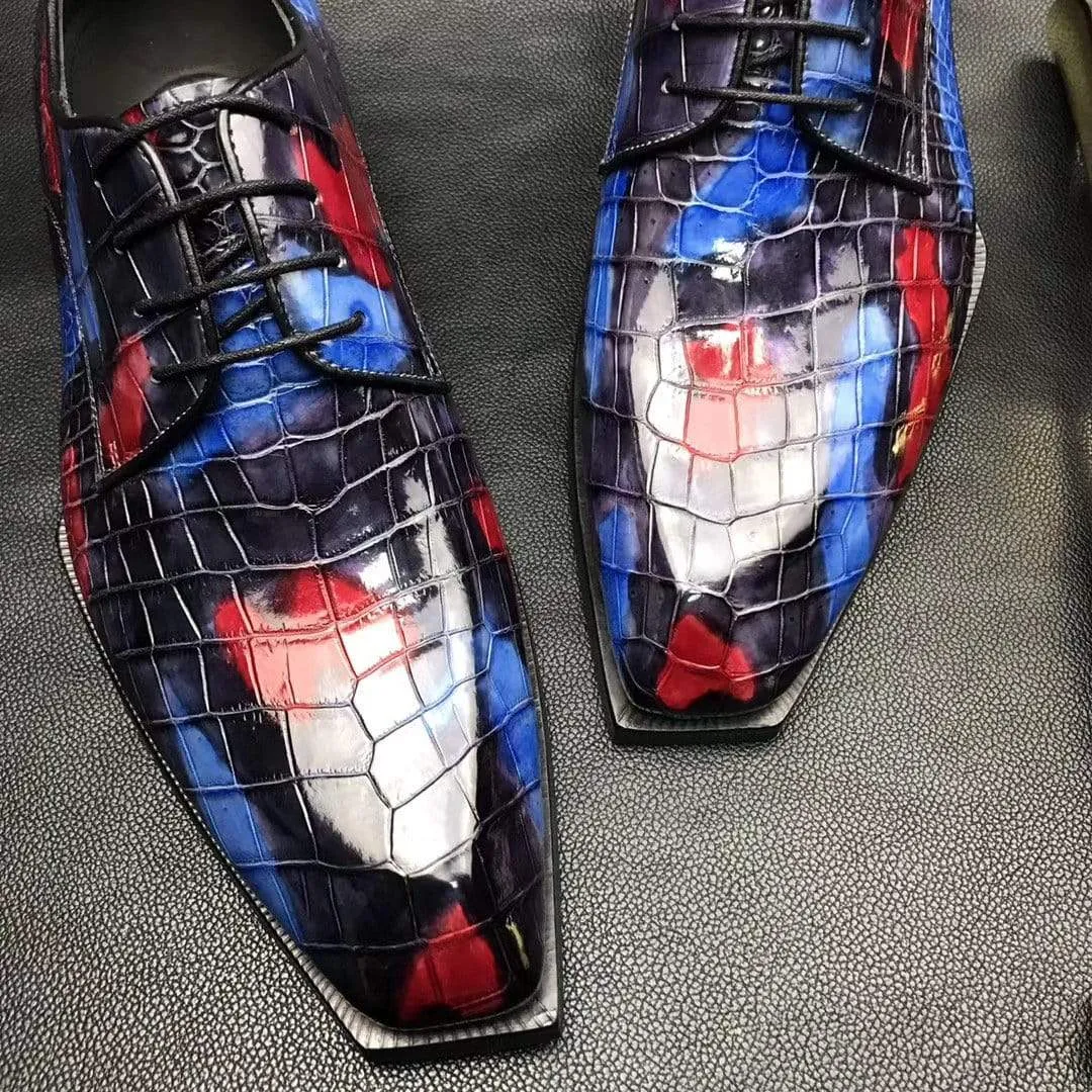 Crocodile Shoes Mens Multi Color Square Toe Lace Up Genuine Crocodile Leather Dress Shoe