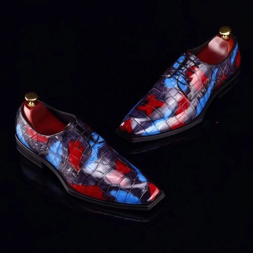 Crocodile Shoes Mens Multi Color Square Toe Lace Up Genuine Crocodile Leather Dress Shoe