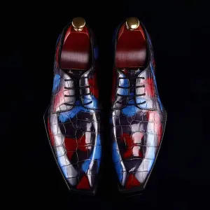 Crocodile Shoes Mens Multi Color Square Toe Lace Up Genuine Crocodile Leather Dress Shoe