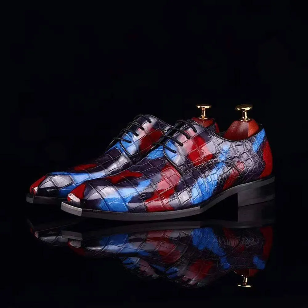 Crocodile Shoes Mens Multi Color Square Toe Lace Up Genuine Crocodile Leather Dress Shoe