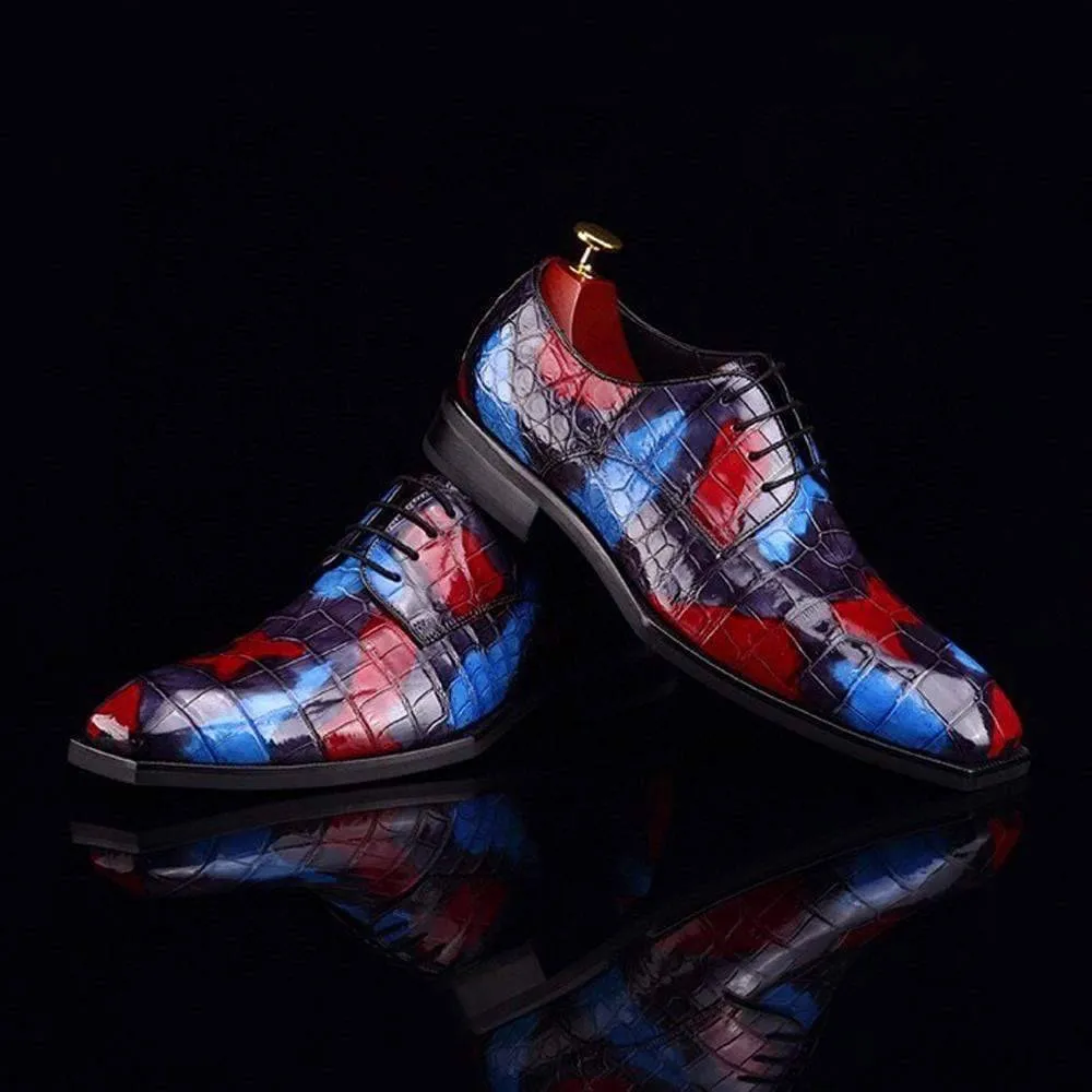 Crocodile Shoes Mens Multi Color Square Toe Lace Up Genuine Crocodile Leather Dress Shoe