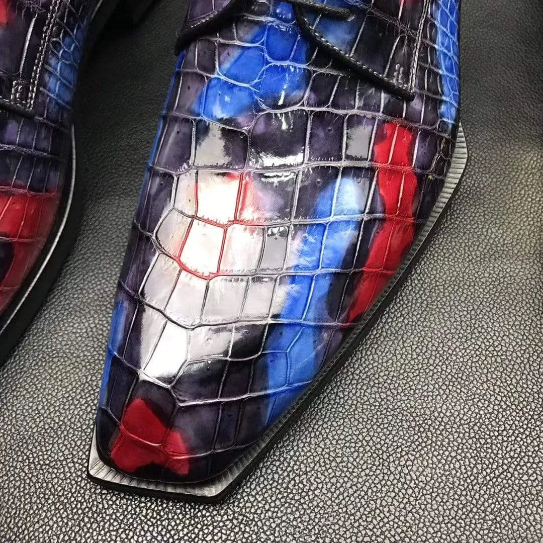 Crocodile Shoes Mens Multi Color Square Toe Lace Up Genuine Crocodile Leather Dress Shoe