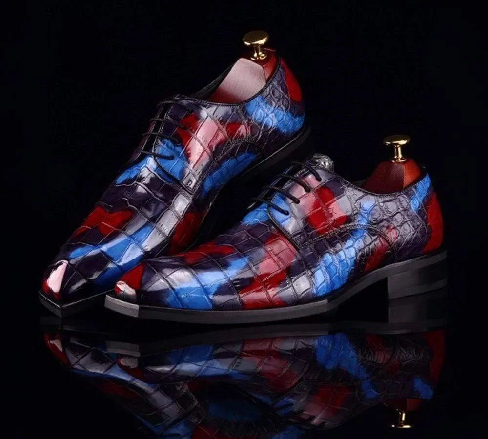 Crocodile Shoes Mens Multi Color Square Toe Lace Up Genuine Crocodile Leather Dress Shoe