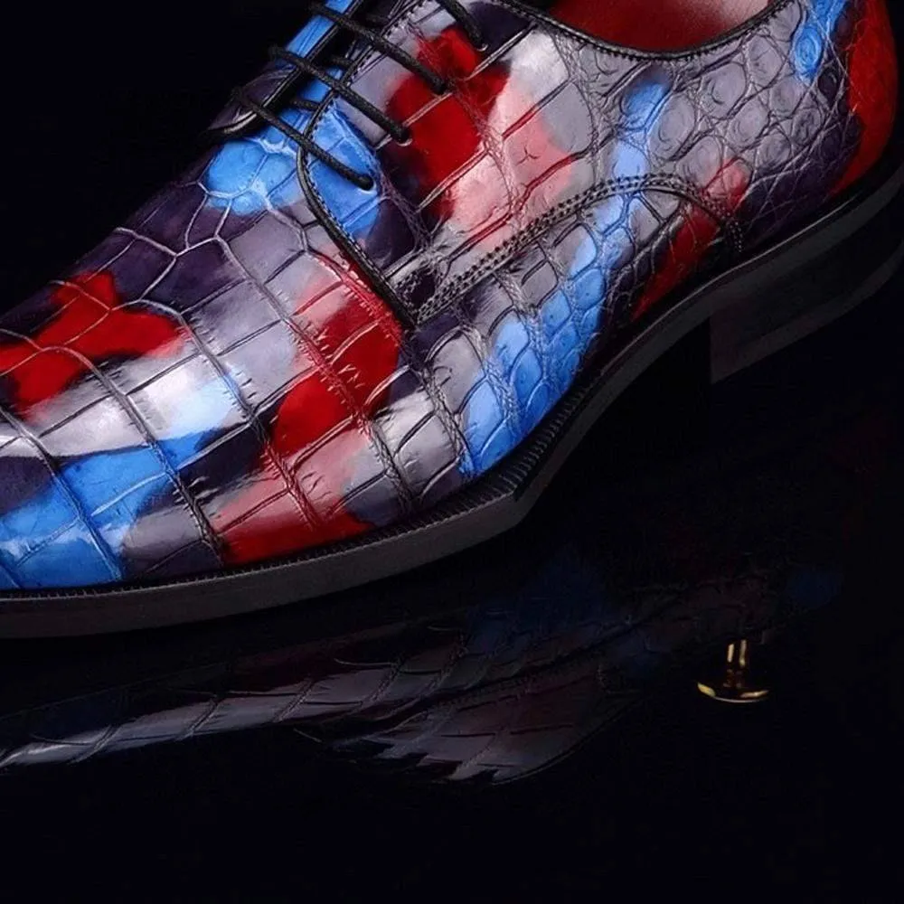 Crocodile Shoes Mens Multi Color Square Toe Lace Up Genuine Crocodile Leather Dress Shoe