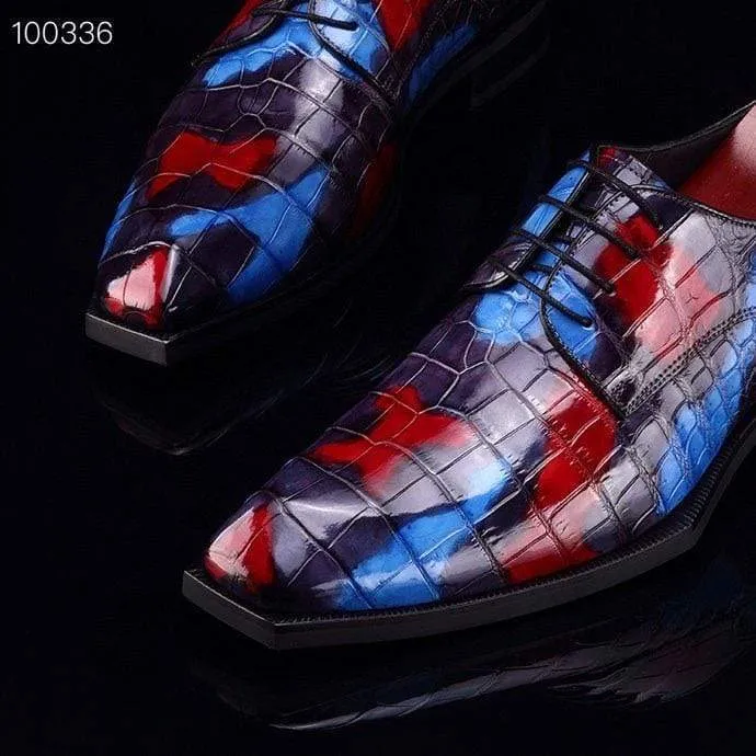 Crocodile Shoes Mens Multi Color Square Toe Lace Up Genuine Crocodile Leather Dress Shoe